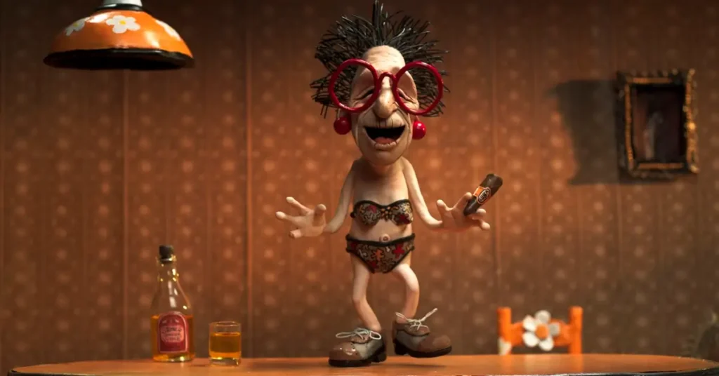 Pinky, personagem de stop-motion com óculos grandes e traje ousado, em cena da animação.