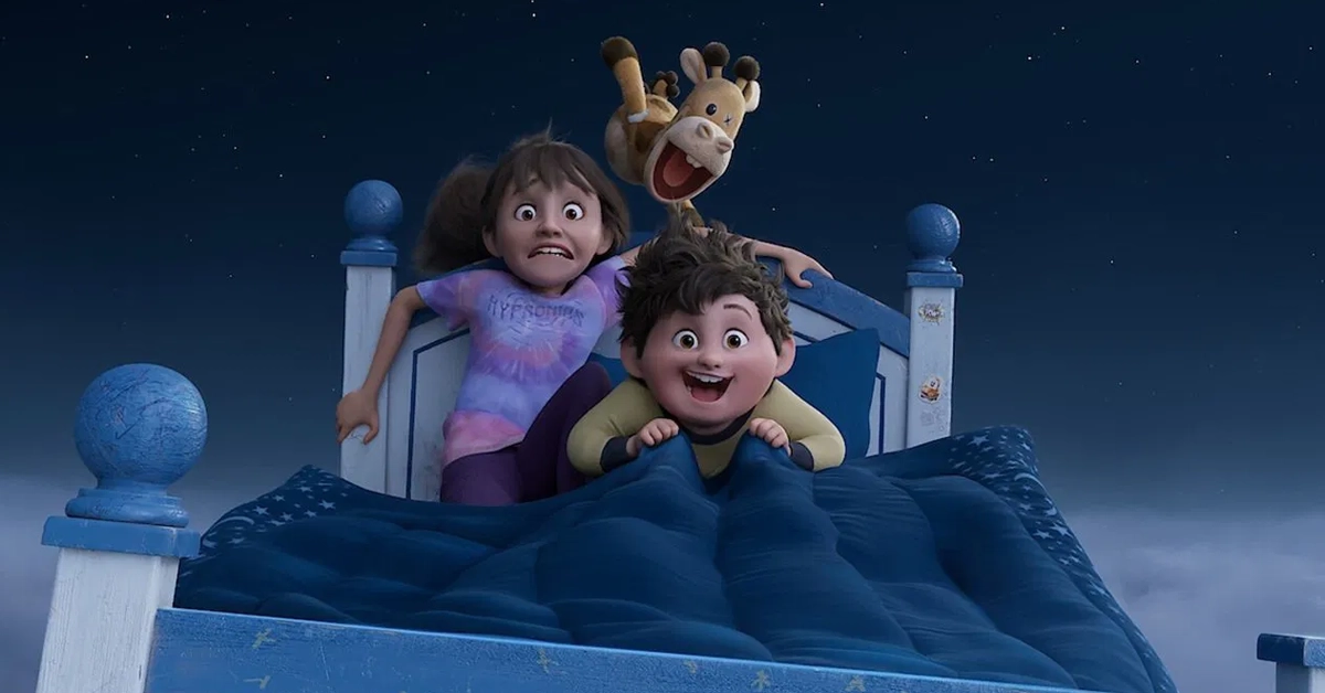 Crianças voando em uma cama mágica no filme Nos Seus Sonhos, da Netflix