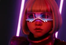 Amie Donald como M3GAN em cena futurista com óculos neon no filme M3GAN 2.0 (2025)