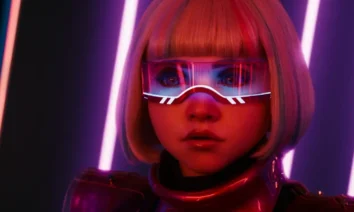 Amie Donald como M3GAN em cena futurista com óculos neon no filme M3GAN 2.0 (2025)