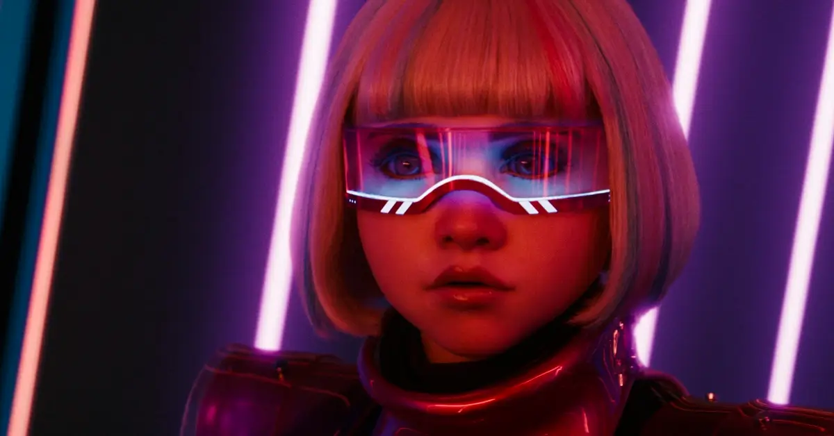 Amie Donald como M3GAN em cena futurista com óculos neon no filme M3GAN 2.0 (2025)