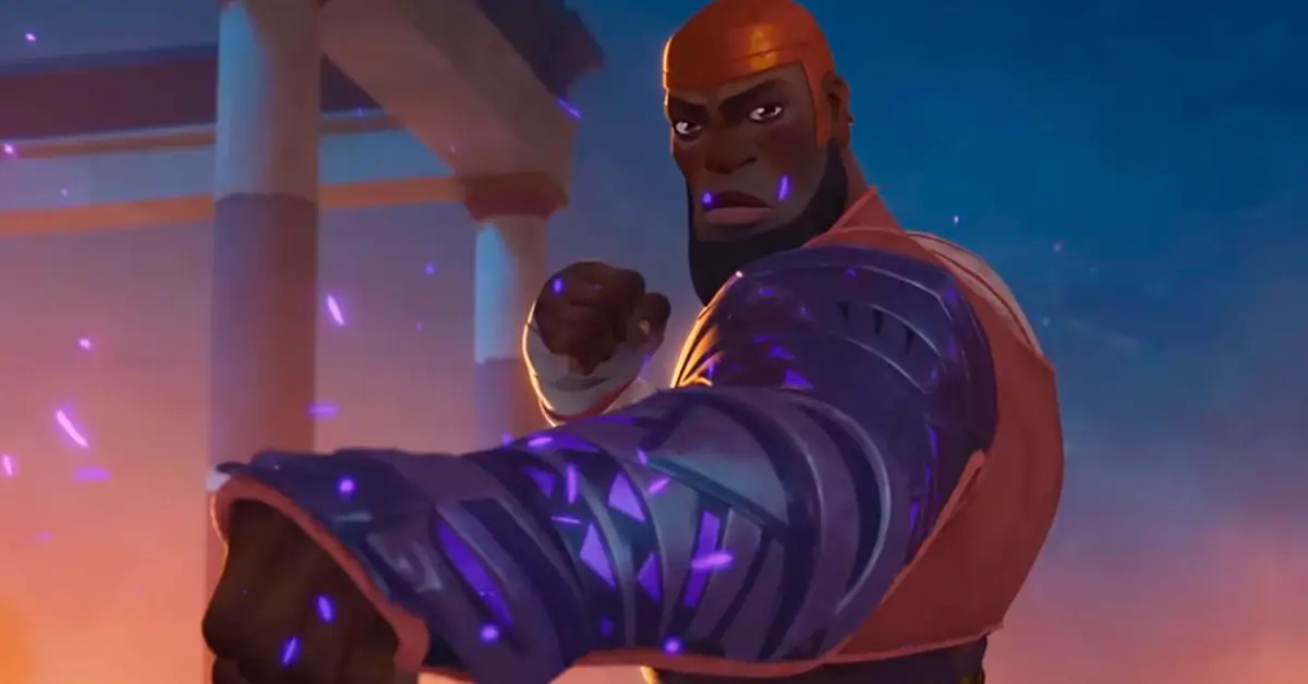 Guerreiro wakandano com braço revestido de energia vibranium em cena da minissérie animada Olhos de Wakanda