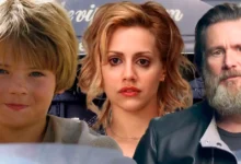 Montagem com atores Jake Lloyd, Brittany Murphy e Jim Carrey — atores com vidas trágicas após a fama.