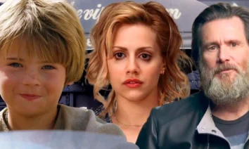 Montagem com atores Jake Lloyd, Brittany Murphy e Jim Carrey — atores com vidas trágicas após a fama.