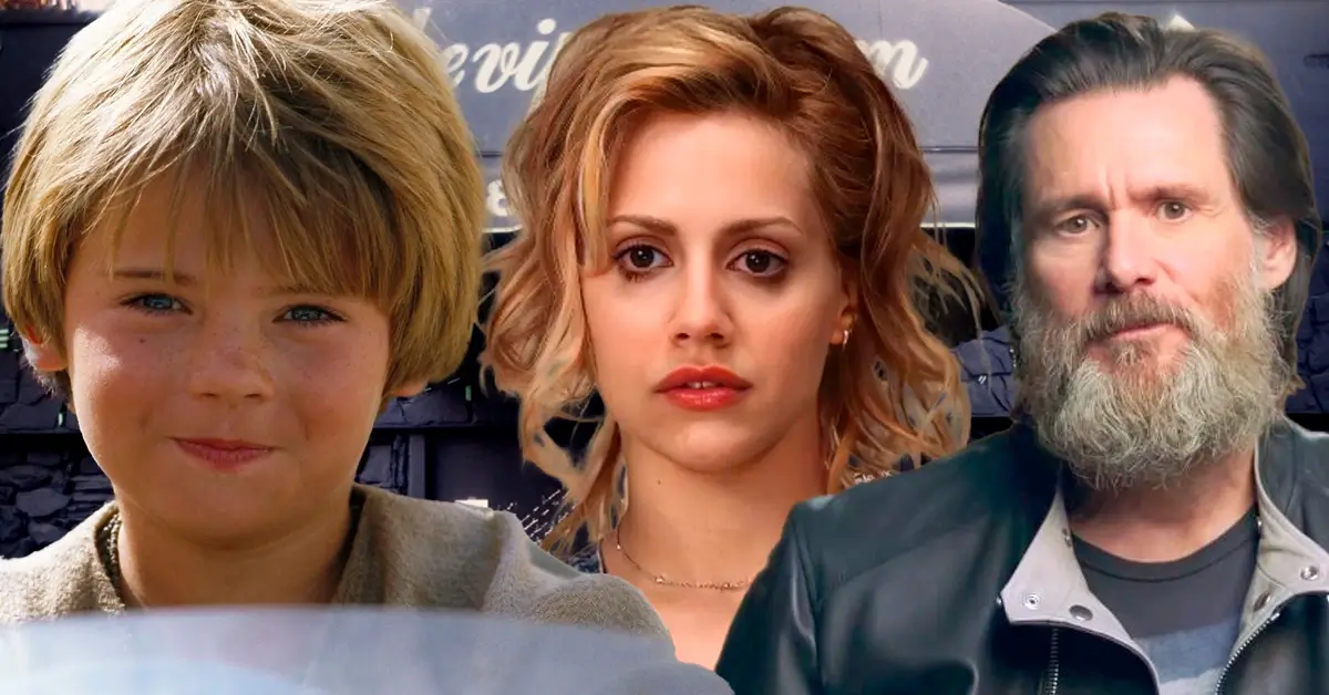 Montagem com atores Jake Lloyd, Brittany Murphy e Jim Carrey — atores com vidas trágicas após a fama.