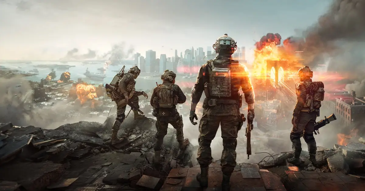 Soldados do Battlefield 6 observam cidade em chamas com explosões e destruição massiva ao fundo