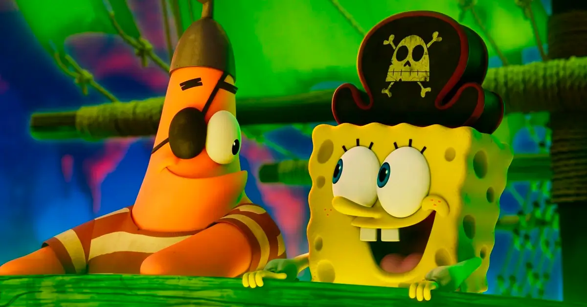 Cena do filme Bob Esponja: Em Busca da Calça Quadrada com Bob Esponja e Patrick vestidos de piratas.