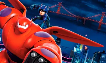 Baymax e Hiro voando sobre a cidade de San Fransokyo em cena do filme Operação Big Hero 6 da Disney