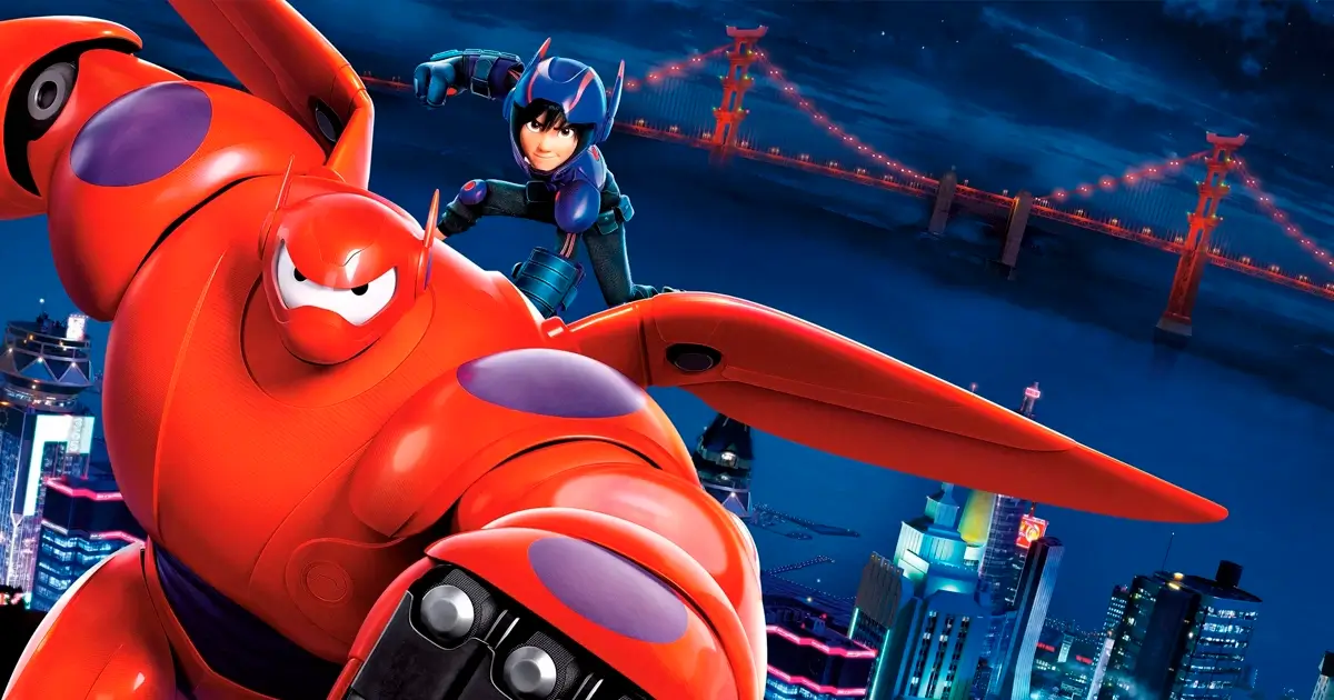 cartazes de operacao big hero 6 Baymax e Hiro voando sobre a cidade de San Fransokyo em cena do filme Operação Big Hero 6 da Disney