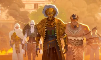 Cena da minissérie animada Olhos de Wakanda com guerreiros wakandanos em formação de combate