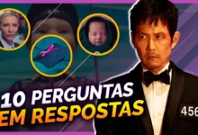Personagem 456 de Round 6 com expressão séria ao lado de imagens que simbolizam mistérios não resolvidos da série, acompanhadas do título “10 Perguntas Sem Respostas”. Saiba mais sobre o final de Round 6