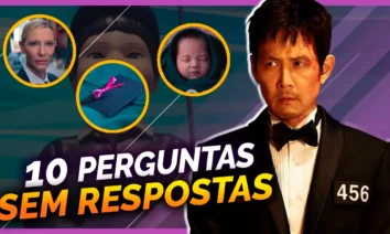 Personagem 456 de Round 6 com expressão séria ao lado de imagens que simbolizam mistérios não resolvidos da série, acompanhadas do título “10 Perguntas Sem Respostas”. Saiba mais sobre o final de Round 6