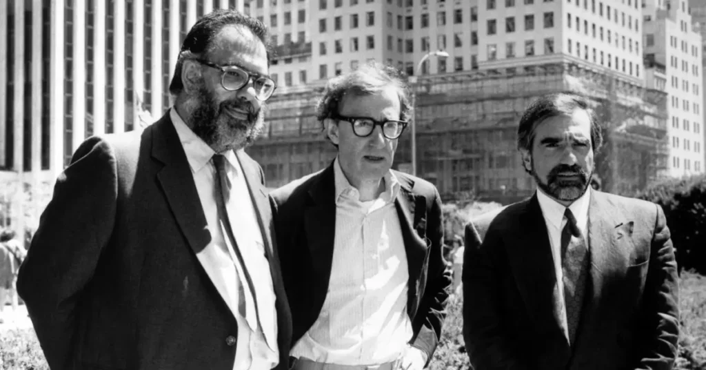 francis ford coppola woody allen martin scorsese 89 Francis Ford Coppola, Woody Allen e Martin Scorsese em 1989 durante filmagens de Contos de Nova York, exemplo de filme episódico desequilibrado
