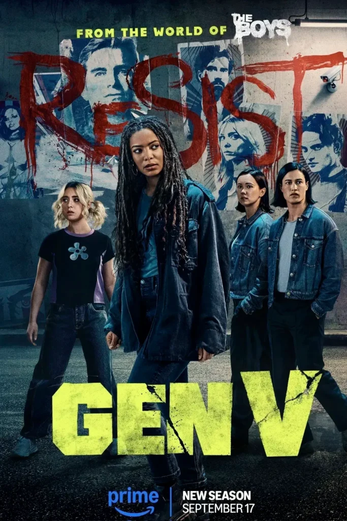 gen v 2 temporada poster Pôster oficial da segunda temporada da série Gen V, com os protagonistas em frente a um mural com a palavra RESIST e rostos de supers.