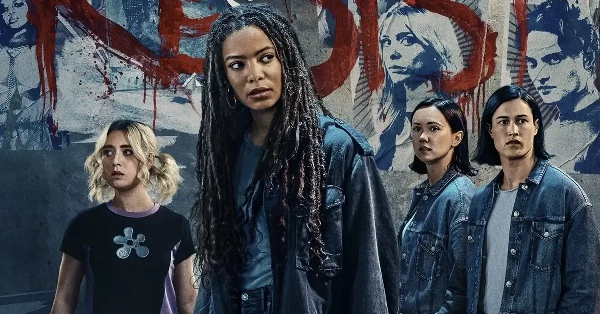 Imagem promocional da segunda temporada da série Gen V, com os protagonistas Marie, Emma, Jordan e Sam em destaque.