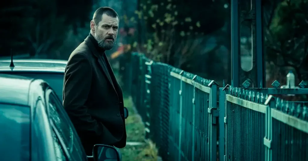jim carrey em crimes obscuros Jim Carrey com barba e expressão séria em cena do filme Crimes Obscuros (2016)