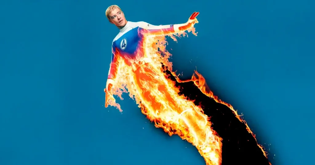 johnny storm joseph quinn quarteto fantastico 2025 Joseph Quinn em cena como o Tocha Humana em Quarteto Fantástico (2025)