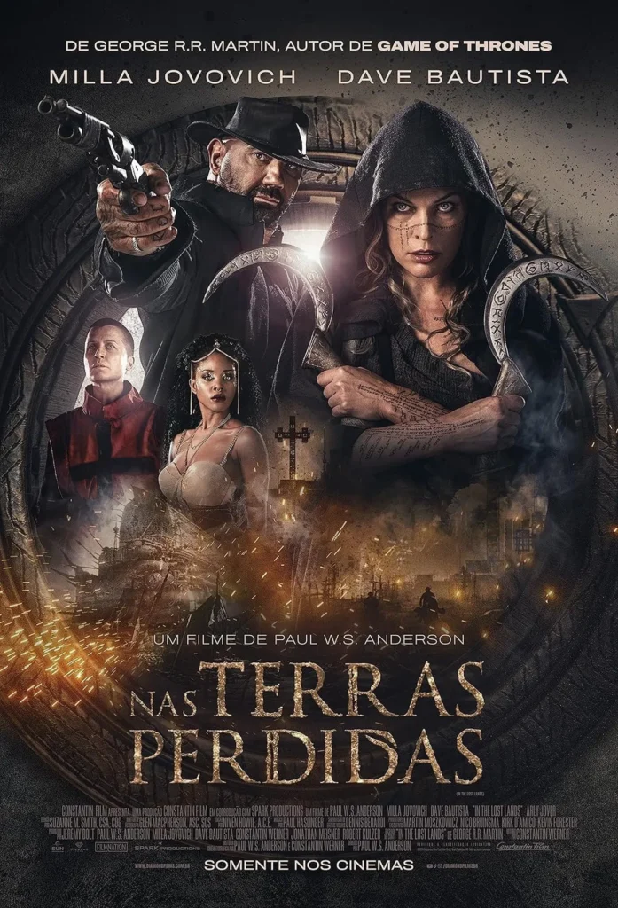 Pôster oficial do filme Nas Terras Perdidas (2025), com Milla Jovovich e Dave Bautista