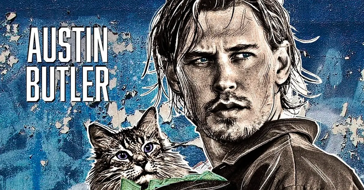 Austin Butler segura um gato no pôster do filme Ladrões 2025 dirigido por Darren Aronofsky