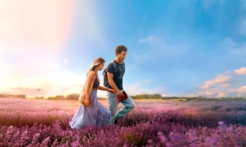 Madelyn Cline e KJ Apa caminham por campo de lavanda ao entardecer no filme O Mapa Que Me Leva Até Você (2025)