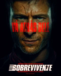 Poster oficial filme O Sobrevivente 2025 com rosto masculino intenso olhos verdes e título vermelho