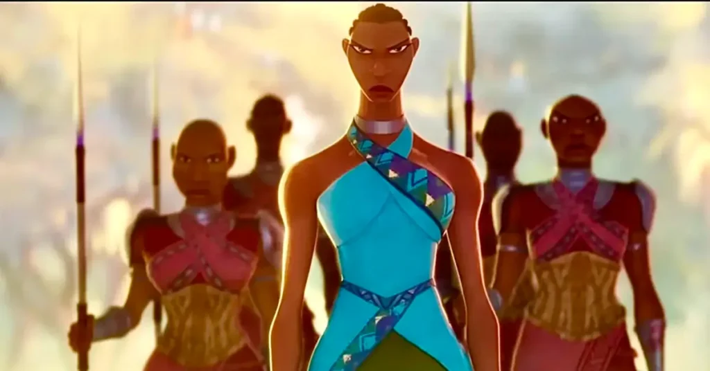 Guerreiras wakandanas em formação lideradas por personagem feminina na minissérie animada Olhos de Wakanda