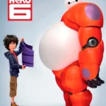 Cartaz promocional americano de Operação Big Hero 6 (2014) com Baymax em armadura vermelha e Hiro segurando um presente