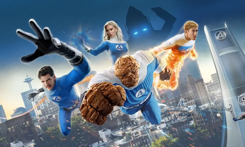 Personagens de Quarteto Fantástico (2025) em imagem promocional com Reed Richards, Sue Storm, Ben Grimm e Johnny Storm em ação
