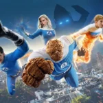 Personagens de Quarteto Fantástico (2025) em imagem promocional com Reed Richards, Sue Storm, Ben Grimm e Johnny Storm em ação