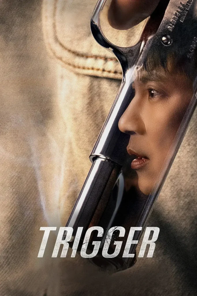 Pôster da série sul-coreana Gatilho (Trigger), da Netflix, com rosto de Kim Nam-gil refletido no tambor de um revólver
