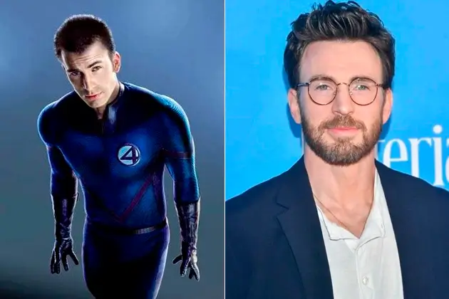 quarteto fantastico 2005 chris evans tocha humana Chris Evans como Johnny Storm em Quarteto Fantástico (2005) e o ator em 2025, vinte anos após o lançamento do filme.