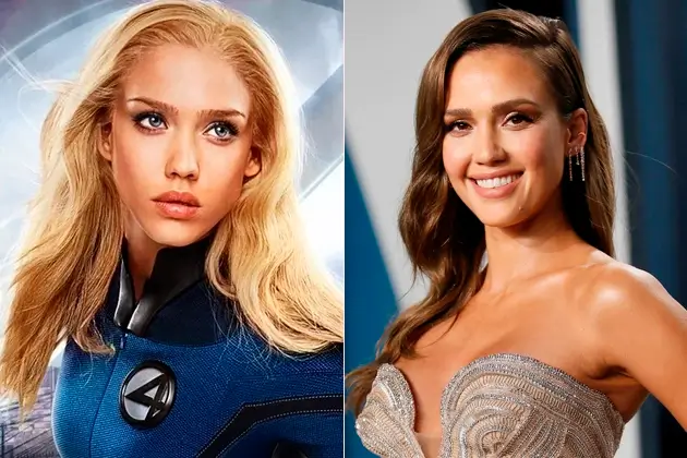 quarteto fantastico 2005 jessica alba Jessica Alba como Sue Storm em Quarteto Fantástico (2005) e a atriz em 2025, vinte anos após o lançamento do filme.