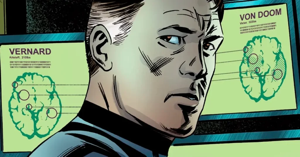 reed richards homem mais inteligente terra Reed Richards analisando scans cerebrais de Vernard e Von Doom em laboratório científico