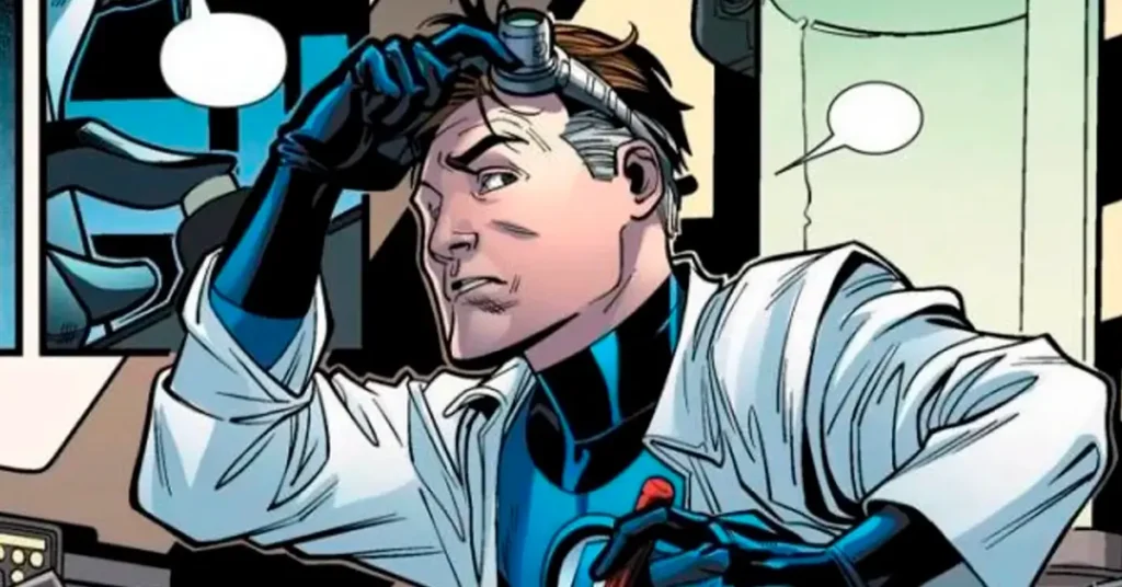 reed richards obsessao ciencia fraqueza Reed Richards concentrado em seu laboratório usando jaleco e uniforme do Quarteto Fantástico