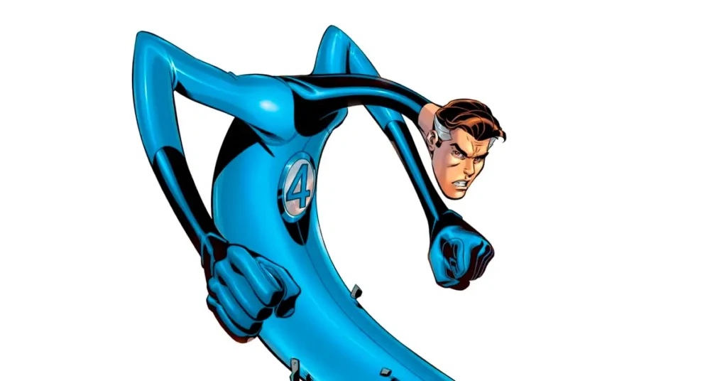 reed richards poderes elasticidade criativa Reed Richards usando poderes de elasticidade extrema esticando braços em uniforme azul do Quarteto Fantástico