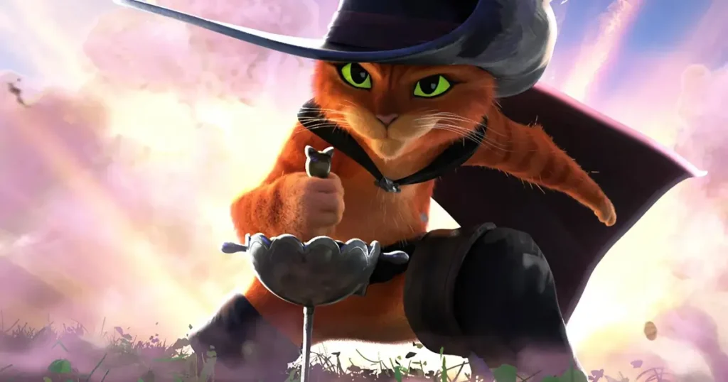 Gato de Botas empunhando espada e usando chapéu e capa, em cena de ação do filme Gato de Botas 2: O Último Pedido (2022).