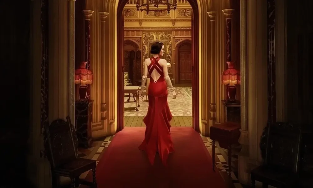 Cena de Downton Abbey: O Grande Final, mulher de vestido vermelho entra em salão luxuoso