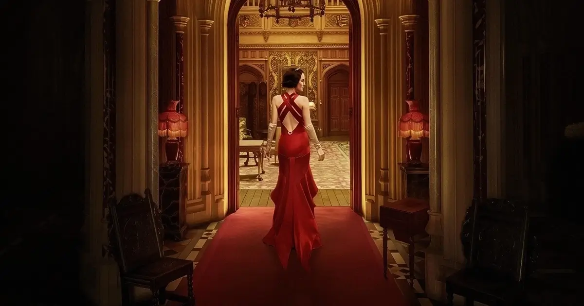 Cena de Downton Abbey: O Grande Final, mulher de vestido vermelho entra em salão luxuoso