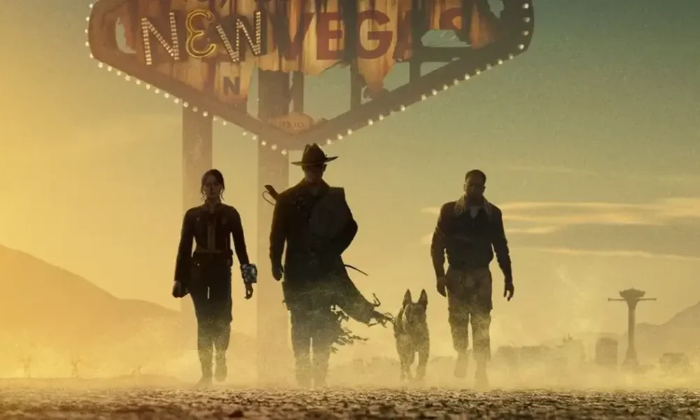 fallout 2 temporada poste Pôster da 2ª temporada de Fallout mostra Lucy, The Ghoul e Maximus caminhando rumo a New Vegas no deserto pós-apocalíptico.