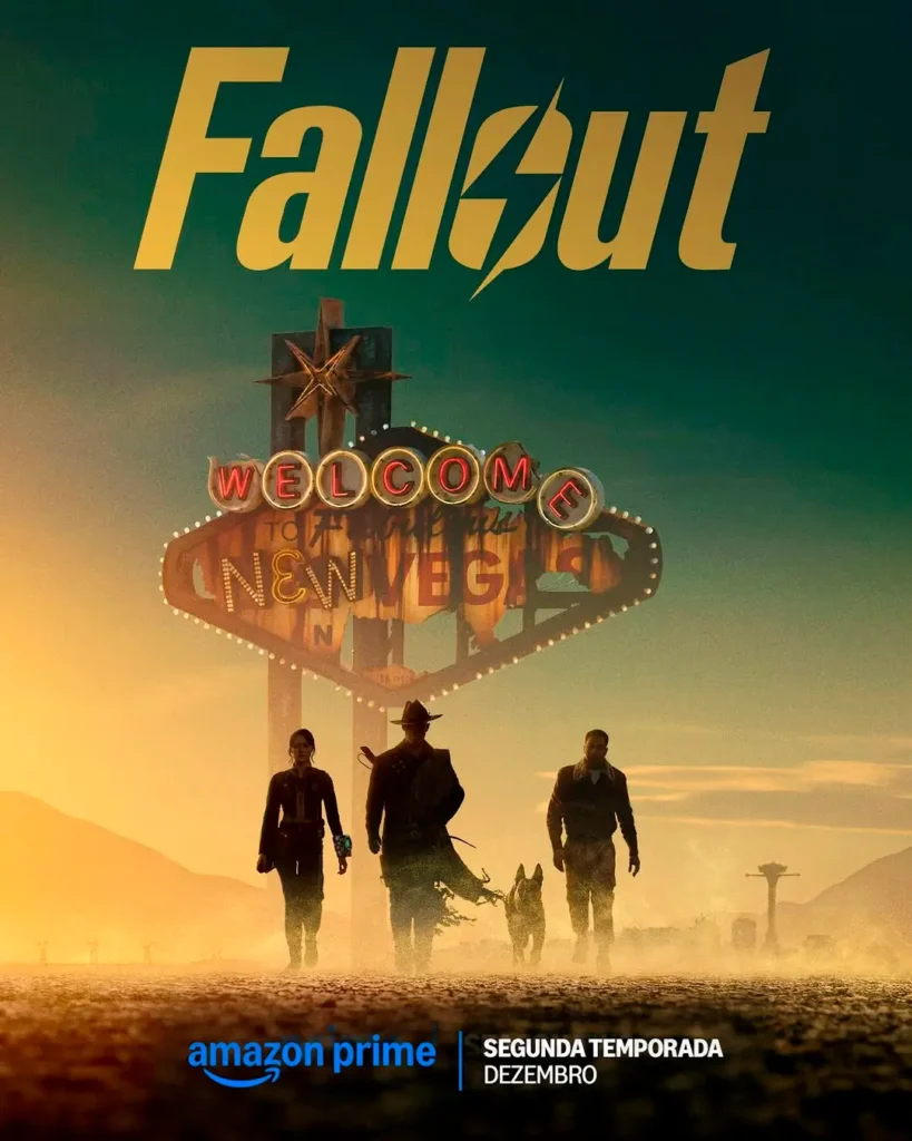 Pôster oficial da 2ª temporada de Fallout mostra Lucy, The Ghoul e Maximus caminhando rumo a New Vegas, com estreia em dezembro no Prime Video.