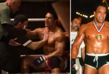Mark Kerr durante sua carreira no MMA e retratado por Dwayne Johnson no filme Coração de Lutador.