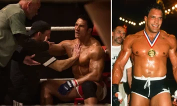 Mark Kerr durante sua carreira no MMA e retratado por Dwayne Johnson no filme Coração de Lutador.