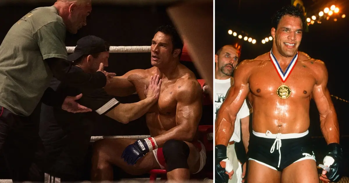 Mark Kerr durante sua carreira no MMA e retratado por Dwayne Johnson no filme Coração de Lutador.