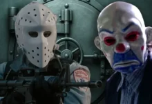 Máscaras em filmes de assalto a banco – personagens mascarados armados diante de um cofre.