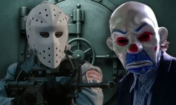 Máscaras em filmes de assalto a banco – personagens mascarados armados diante de um cofre.
