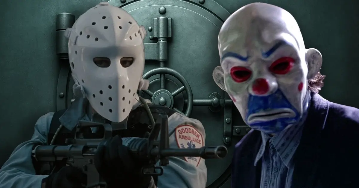 Máscaras em filmes de assalto a banco – personagens mascarados armados diante de um cofre.