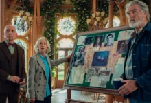 Cena do filme O Clube do Crime das Quintas-Feiras com Ben Kingsley, Helen Mirren e Pierce Brosnan diante de um quadro de investigação.