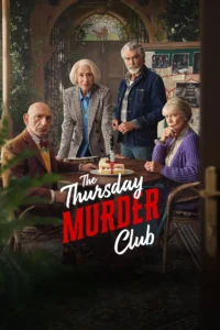 Pôster do filme The Thursday Murder Club mostrando quatro idosos reunidos em torno de uma mesa com bolo, em ambiente acolhedor com decoração vintage