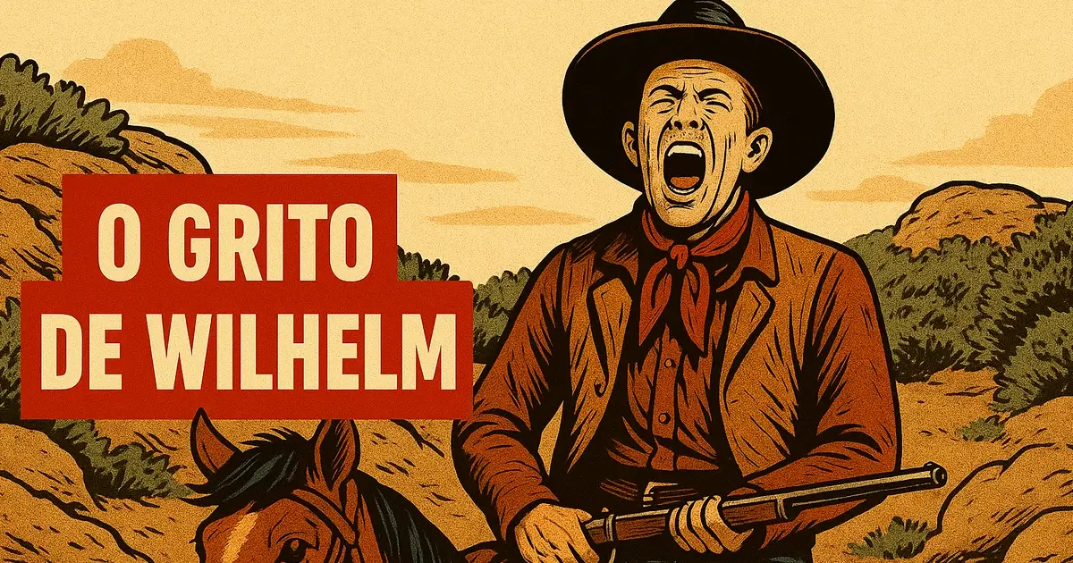 Ilustração vintage de cowboy gritando com expressão dramática em referência ao Grito de Wilhelm, famoso efeito sonoro do cinema.