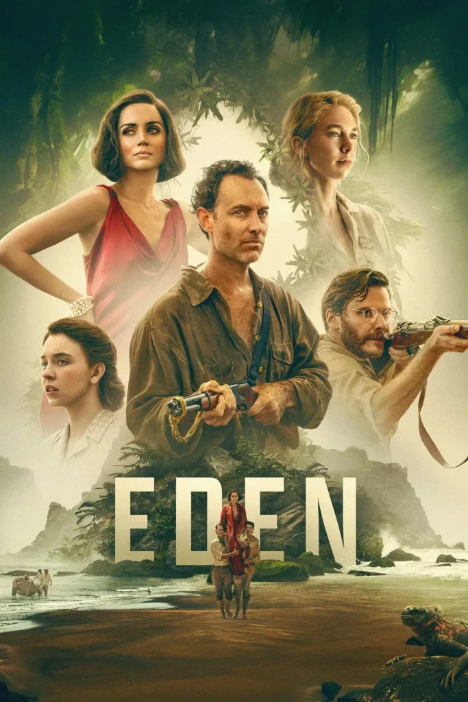 Pôster oficial do filme Eden (2025), dirigido por Ron Howard, com Jude Law, Vanessa Kirby e elenco